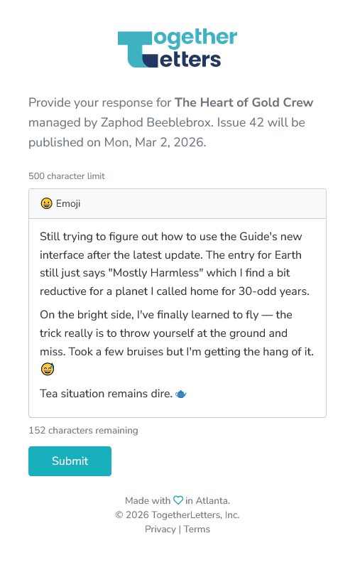 TogetherLetters response form where members write their short updates